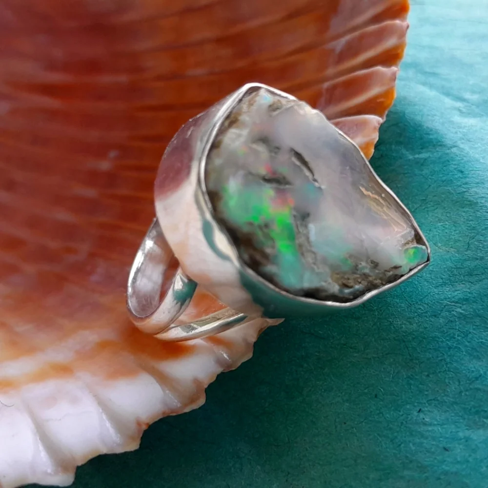 925 Sterling Silver Ring with Huge Ethiopian Opal Rough - Picture 8 of 16